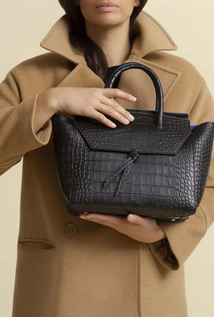 Woman in beige coat holding a close-up photo of black purse